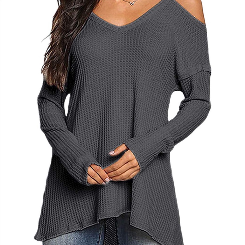 Gray cold shoulder sweater